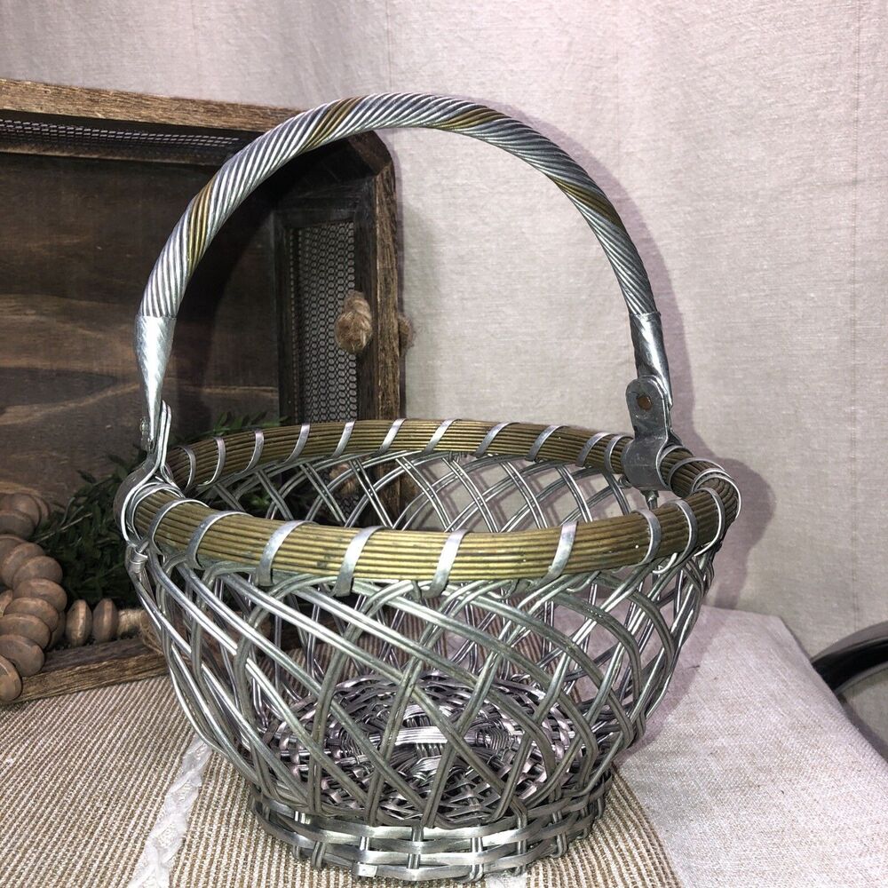 Vintage Silver  color wire & Brass Wire Basket Woven Swing Handle 7 1/2” X 5”